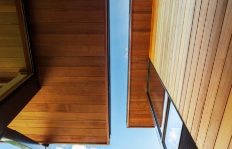 A view of the sky from inside a house.