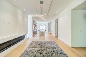 A large room with a fireplace and a rug.