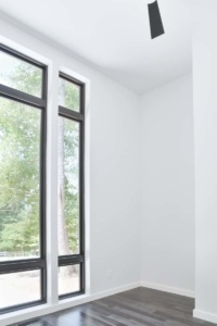 A room with two windows and a tree in the background.