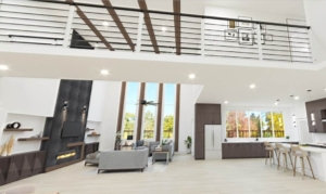 A large open living room with fireplace and high ceilings.