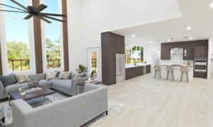 A living room with two couches and a table