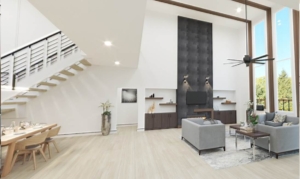 A living room with a fireplace and stairs