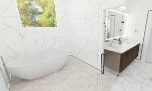 A bathroom with white tile and a tub.