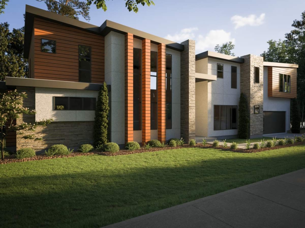 A large modern style house with grass in front of it.
