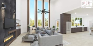 A living room with two large windows and a couch.