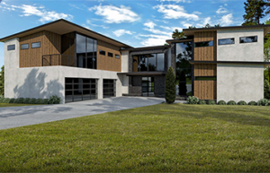 A large modern house with grass in front of it.