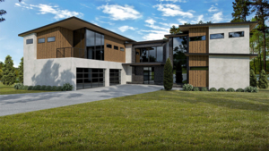 A large modern house with a driveway and lawn.