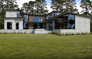A large modern house with grass in front of it.