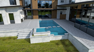 A pool with steps and stairs in the middle of it.