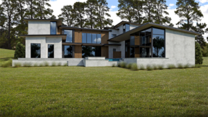 A large modern house with grass in front of it.