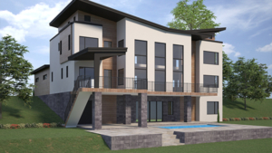 A 3 d rendering of a house with pool and stairs.