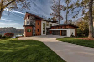 A large modern style home with a lake view.