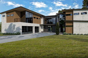 A large modern house with a driveway and lawn.