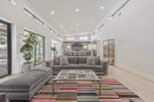 A living room with couches and a table