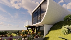 A modern house with plants and flowers in the front yard.