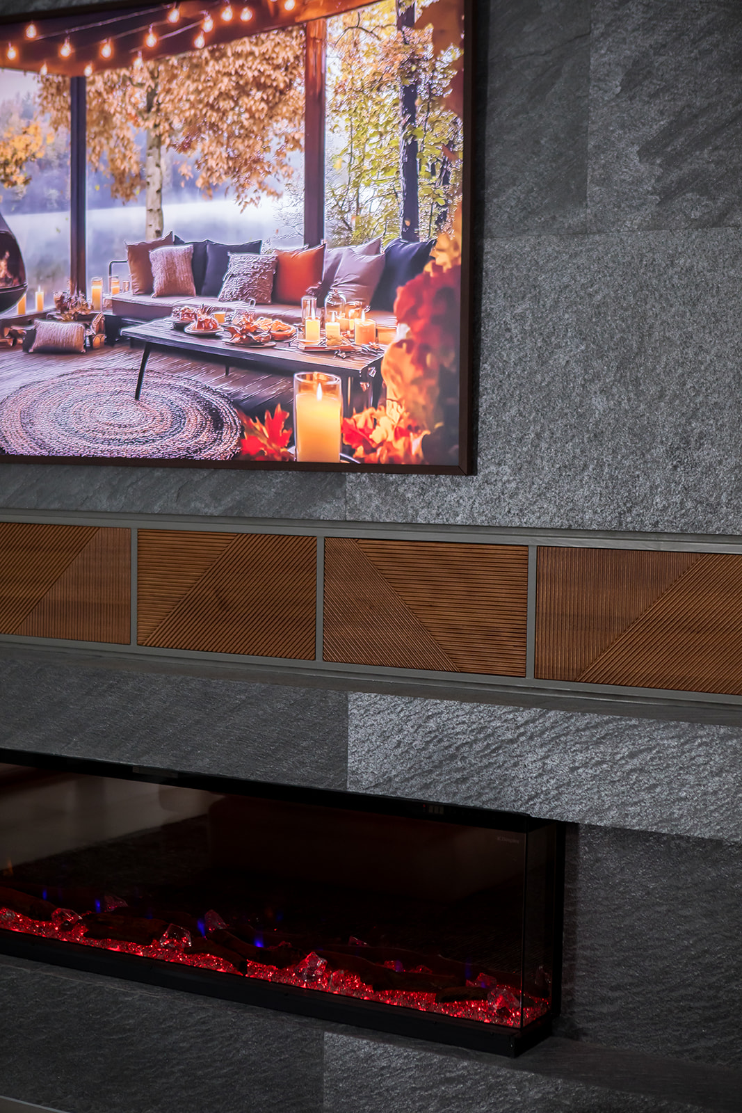 Modern electric gray slate fireplace with wood detail