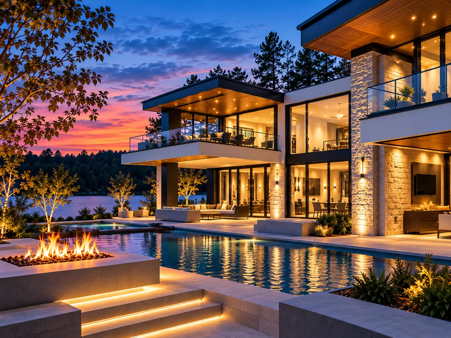 Luxury custom home exterior at dusk by Artistic Contractors in Charlotte
